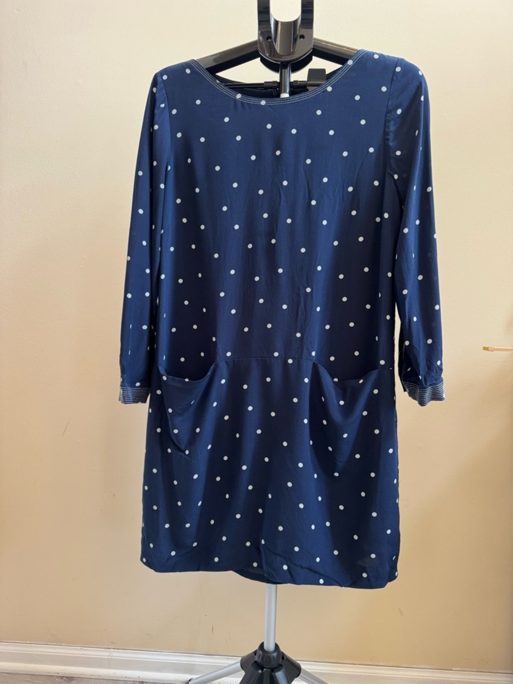 J. Crew Navy and White Polka Dot Long Sleeve Shift Dress